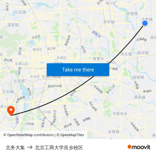 北务大集 to 北京工商大学良乡校区 map