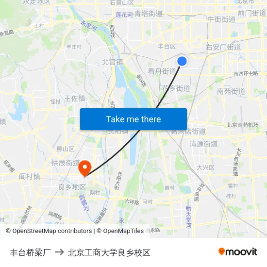 丰台桥梁厂 to 北京工商大学良乡校区 map