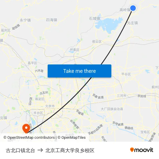 古北口镇北台 to 北京工商大学良乡校区 map