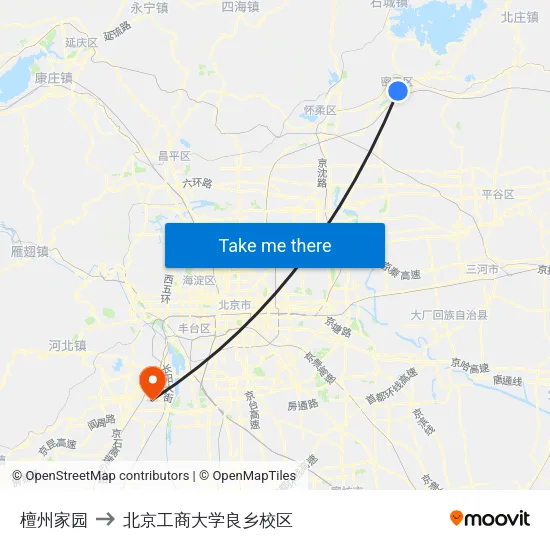 檀州家园 to 北京工商大学良乡校区 map