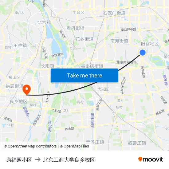 康福园小区 to 北京工商大学良乡校区 map