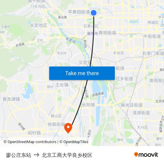 廖公庄东站 to 北京工商大学良乡校区 map