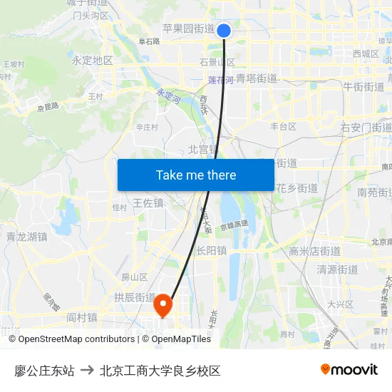 廖公庄东站 to 北京工商大学良乡校区 map