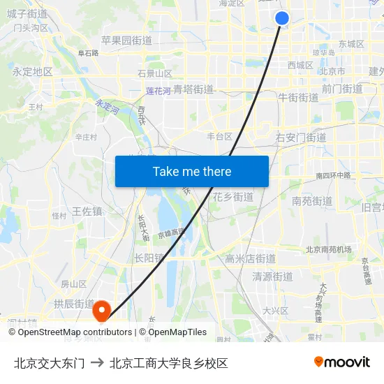 北京交大东门 to 北京工商大学良乡校区 map
