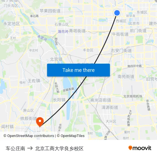 车公庄南 to 北京工商大学良乡校区 map