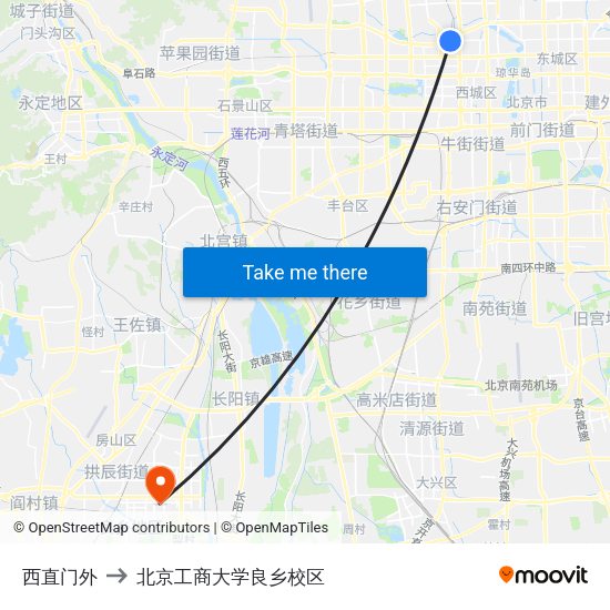 西直门外 to 北京工商大学良乡校区 map