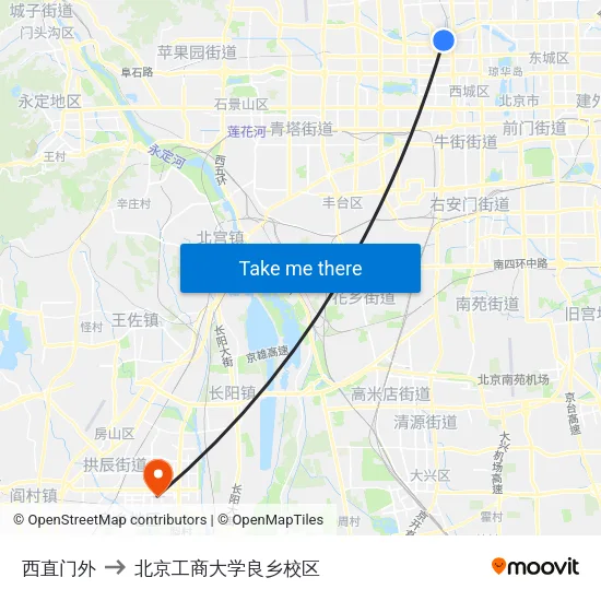 西直门外 to 北京工商大学良乡校区 map