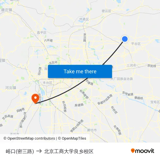 峪口(密三路) to 北京工商大学良乡校区 map
