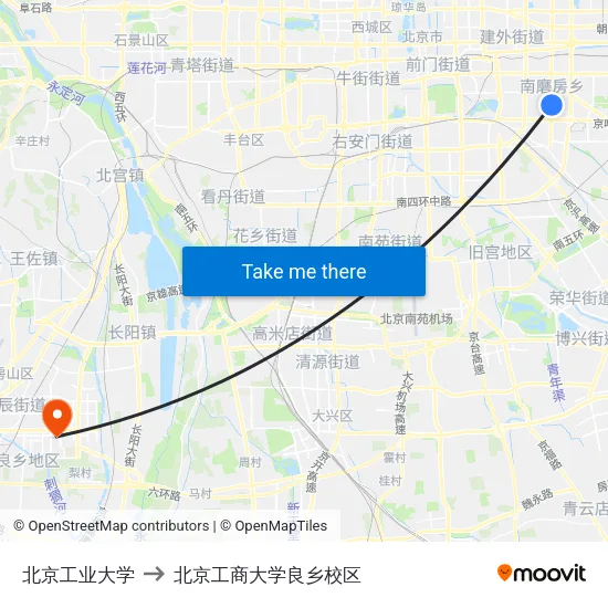 北京工业大学 to 北京工商大学良乡校区 map