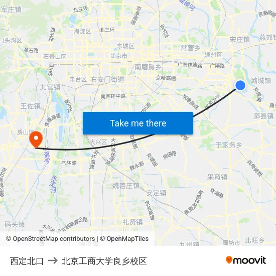 西定北口 to 北京工商大学良乡校区 map