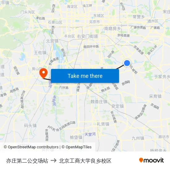 亦庄第二公交场站 to 北京工商大学良乡校区 map