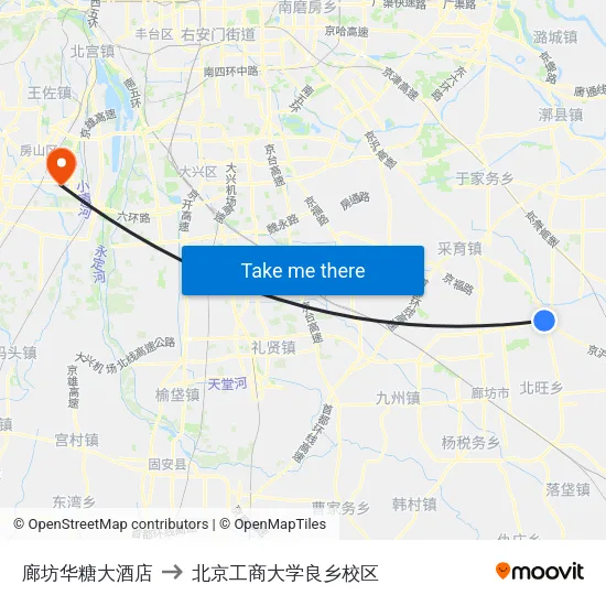 廊坊华糖大酒店 to 北京工商大学良乡校区 map