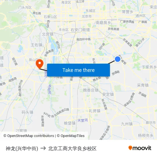 神龙(兴华中街) to 北京工商大学良乡校区 map