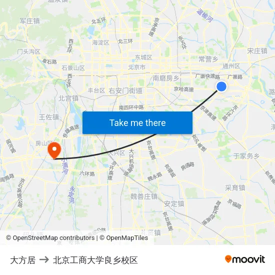 大方居 to 北京工商大学良乡校区 map