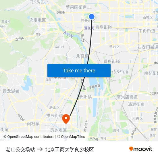 老山公交场站 to 北京工商大学良乡校区 map