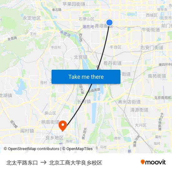北太平路东口 to 北京工商大学良乡校区 map