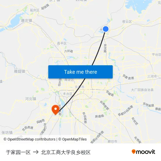 于家园一区 to 北京工商大学良乡校区 map