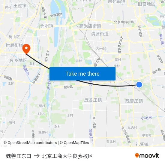 魏善庄东口 to 北京工商大学良乡校区 map