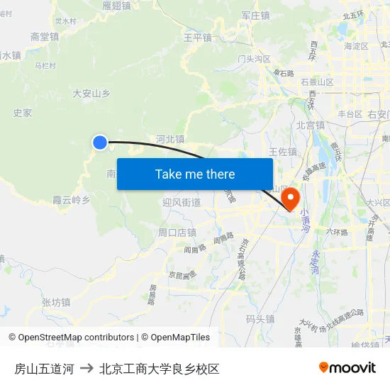 房山五道河 to 北京工商大学良乡校区 map