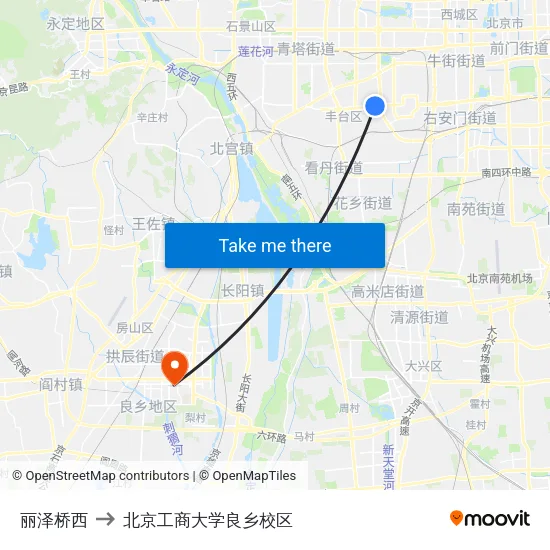 丽泽桥西 to 北京工商大学良乡校区 map