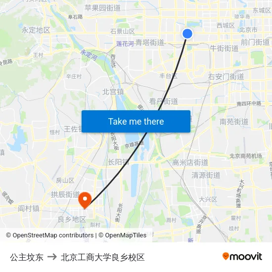 公主坟东 to 北京工商大学良乡校区 map