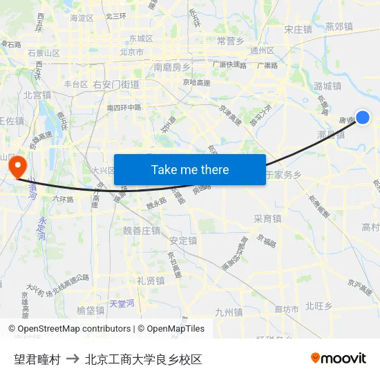 望君疃村 to 北京工商大学良乡校区 map