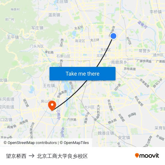 望京桥西 to 北京工商大学良乡校区 map