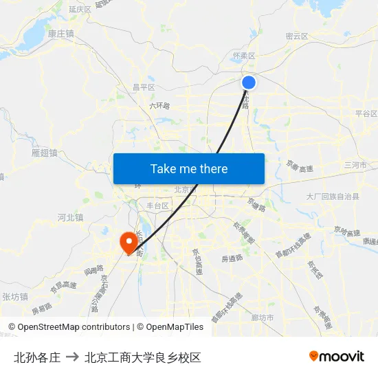 北孙各庄 to 北京工商大学良乡校区 map