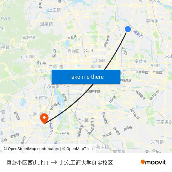 康营小区西街北口 to 北京工商大学良乡校区 map