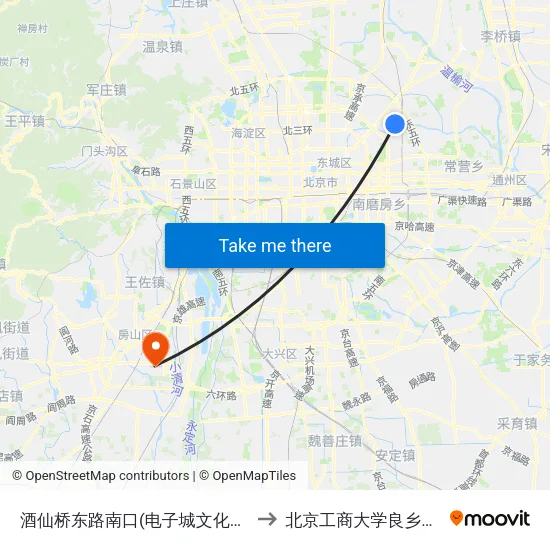 酒仙桥东路南口(电子城文化广场) to 北京工商大学良乡校区 map