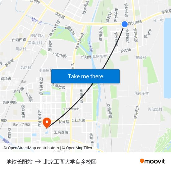 地铁长阳站 to 北京工商大学良乡校区 map