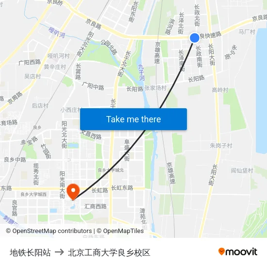 地铁长阳站 to 北京工商大学良乡校区 map