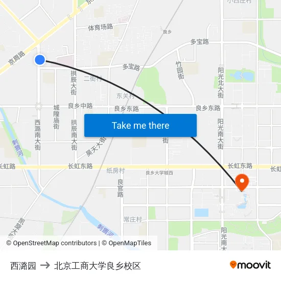 西潞园 to 北京工商大学良乡校区 map