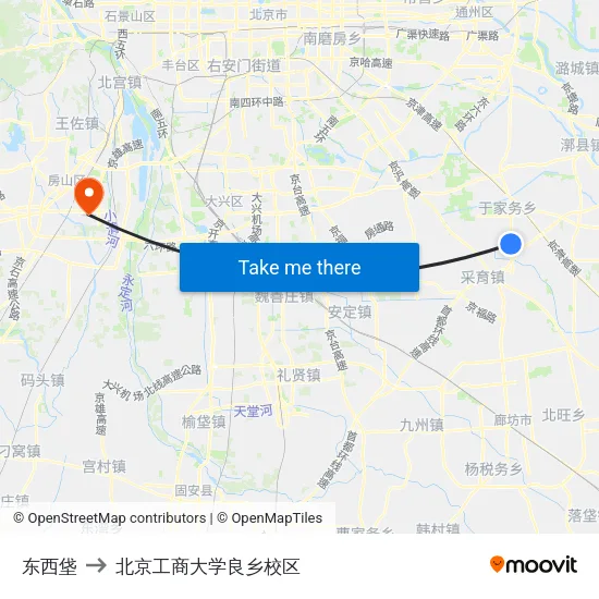 东西垡 to 北京工商大学良乡校区 map