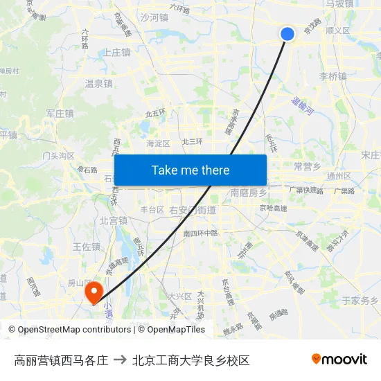 高丽营镇西马各庄 to 北京工商大学良乡校区 map