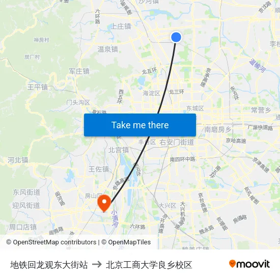 地铁回龙观东大街站 to 北京工商大学良乡校区 map