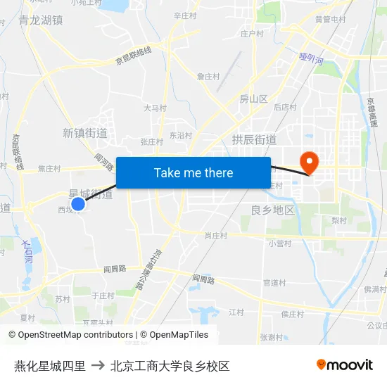 燕化星城四里 to 北京工商大学良乡校区 map