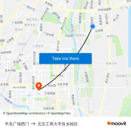 半岛广场西门 to 北京工商大学良乡校区 map
