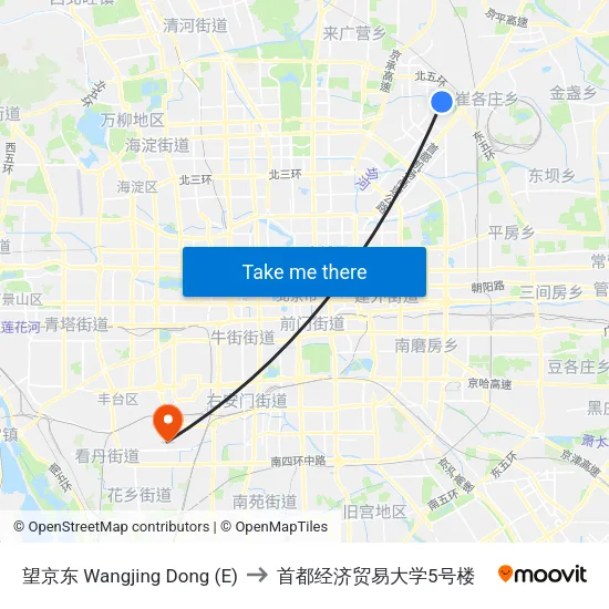 望京东 Wangjing Dong (E) to 首都经济贸易大学5号楼 map