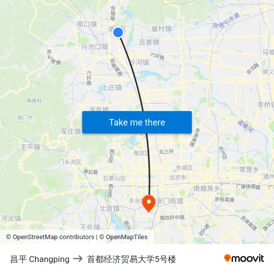 昌平 Changping to 首都经济贸易大学5号楼 map