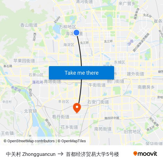 中关村 Zhongguancun to 首都经济贸易大学5号楼 map