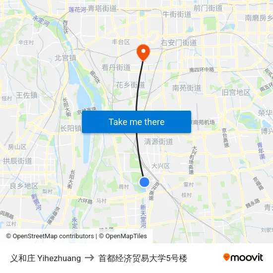 义和庄 Yihezhuang to 首都经济贸易大学5号楼 map