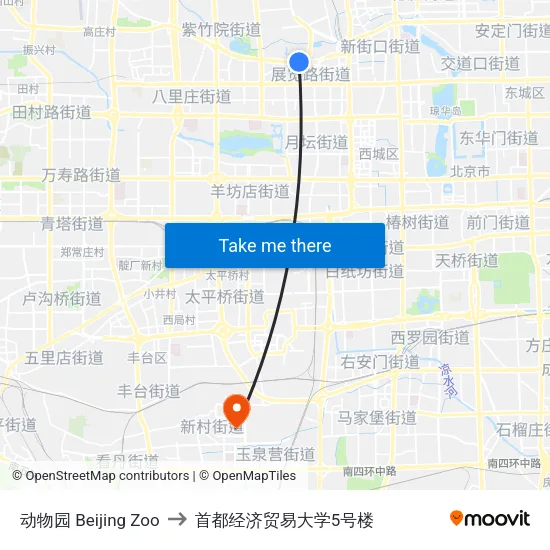 动物园 Beijing Zoo to 首都经济贸易大学5号楼 map
