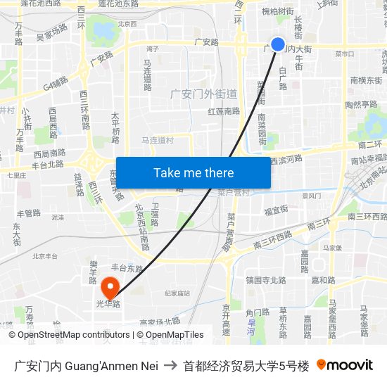 广安门内 Guang'Anmen Nei to 首都经济贸易大学5号楼 map