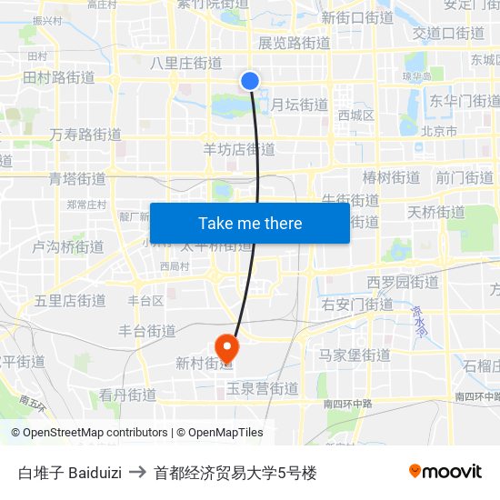 白堆子 Baiduizi to 首都经济贸易大学5号楼 map