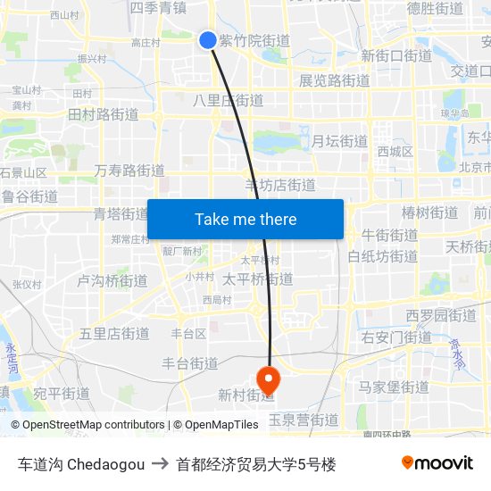 车道沟 Chedaogou to 首都经济贸易大学5号楼 map