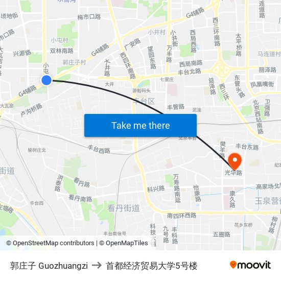 郭庄子 Guozhuangzi to 首都经济贸易大学5号楼 map