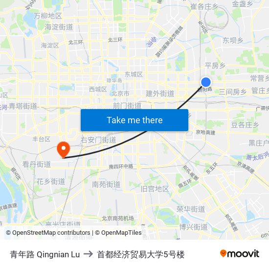 青年路 Qingnian Lu to 首都经济贸易大学5号楼 map