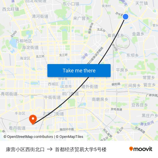 康营小区西街北口 to 首都经济贸易大学5号楼 map