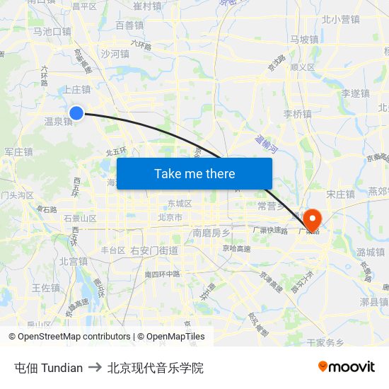 屯佃 Tundian to 北京现代音乐学院 map